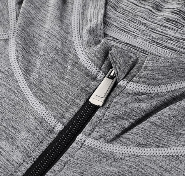 Close-up of a gray solid color zipper hooded sweatshirt made from durable Polyester and Spandex, designed for men's running.
